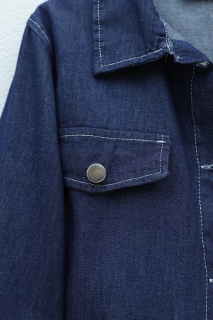 Side Pocket Half-Button Jacket Vest Denim Suit -Navy blue
