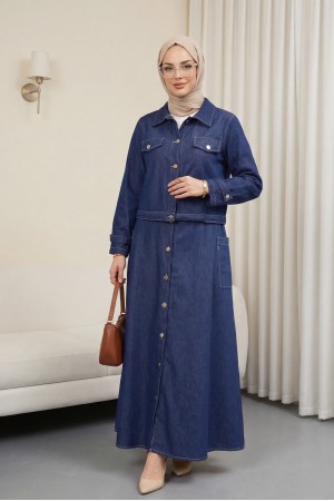 Side Pocket Half-Button Jacket Vest Denim Suit -Navy blue