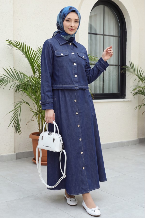 Side Pocket Half-Button Jacket Vest Denim Suit -Navy blue