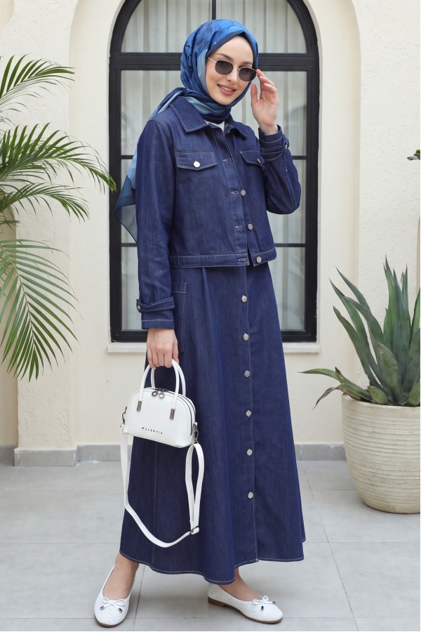 Side Pocket Half-Button Jacket Vest Denim Suit -Navy blue