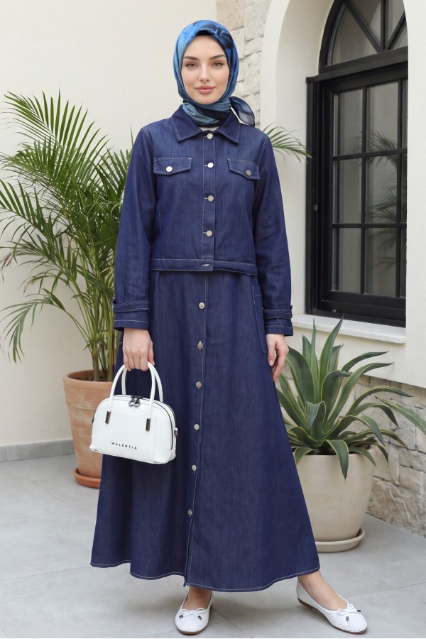 Side Pocket Half-Button Jacket Vest Denim Suit -Navy blue