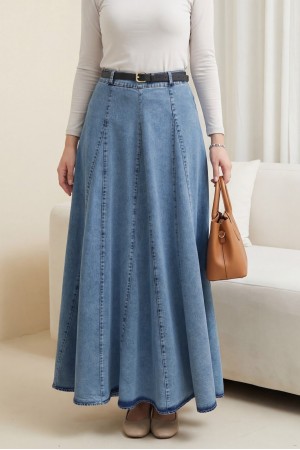 Tokalı Kemerli Fermuarlı Parçalı Kot Etek -Buz Mavi