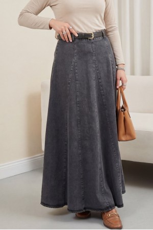 Denim Skirt with Buckle Belt and Zipper -Smoked 