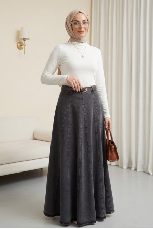 Denim Skirt with Buckle Belt and Zipper -Smoked 