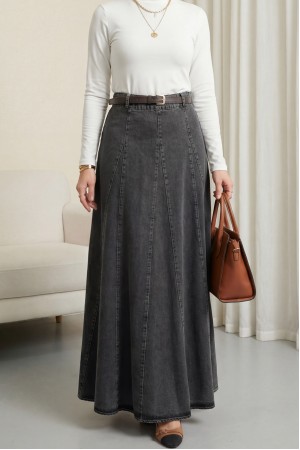 Tokalı Kemerli Fermuarlı Parçalı Kot Etek -Füme