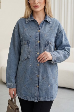 Çift Cepli Taşlı Önü Düğmeli Kot Ceket  -Buz Mavi