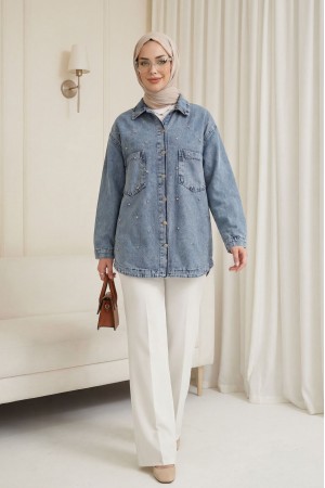 Çift Cepli Taşlı Önü Düğmeli Kot Ceket  -Buz Mavi