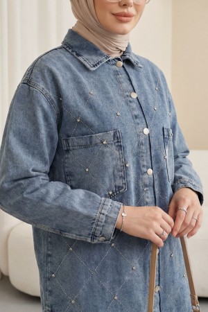 Çift Cepli Taşlı Önü Düğmeli Kot Ceket  -Buz Mavi