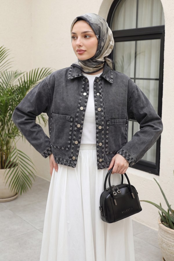 Shepherd Embroidered Buttoned Denim Jacket -Smoked 
