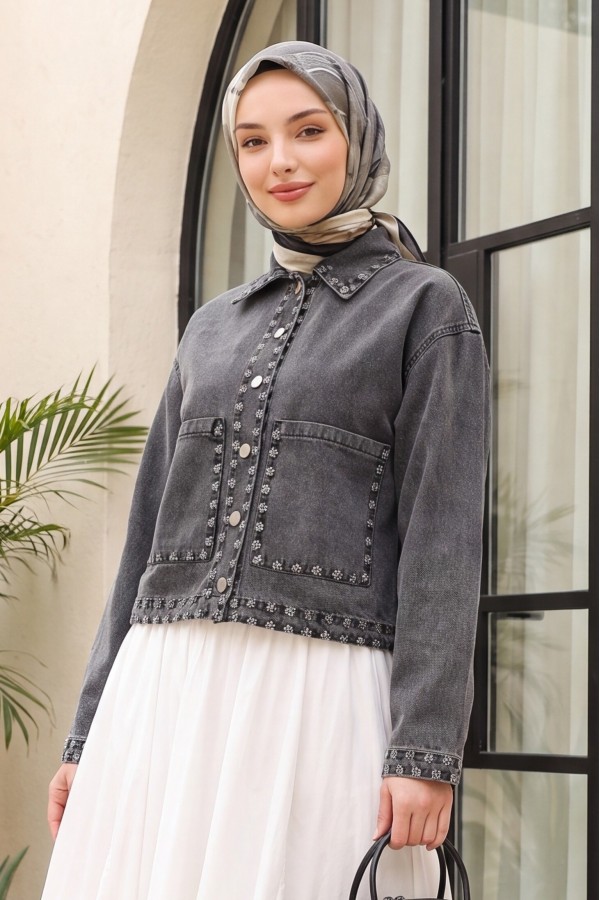 Shepherd Embroidered Buttoned Denim Jacket -Smoked 