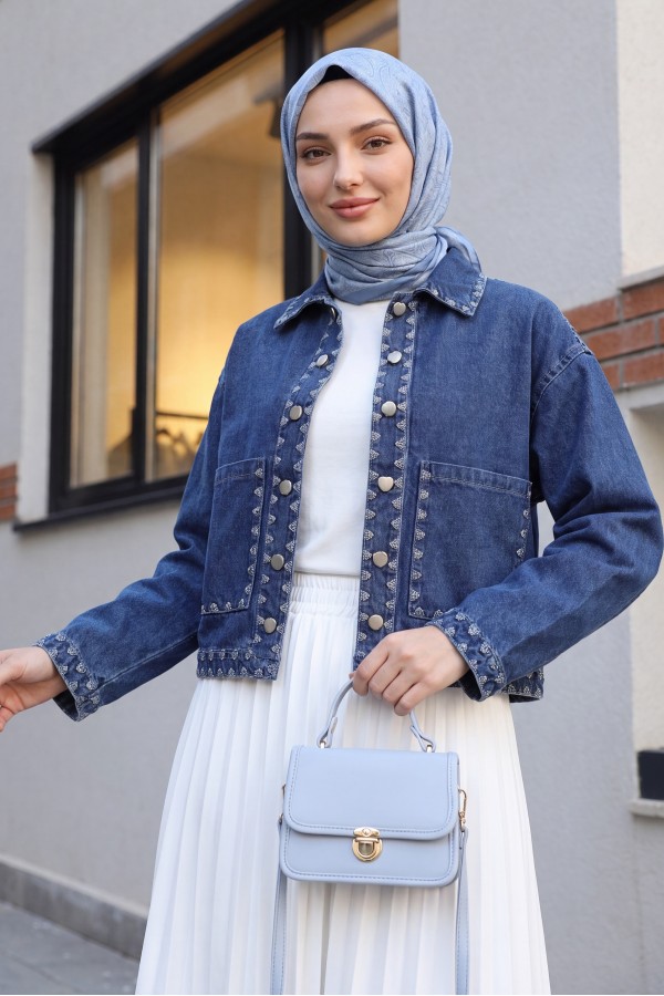 Shepherd Embroidered Buttoned Denim Jacket -Dark blue