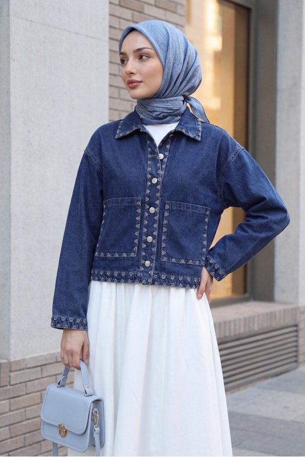 Shepherd Embroidered Buttoned Denim Jacket -Dark blue