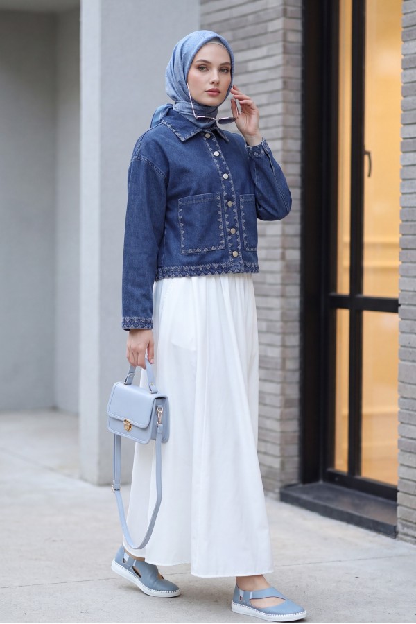 Shepherd Embroidered Buttoned Denim Jacket -Dark blue