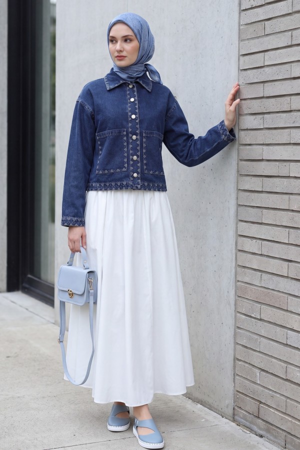 Shepherd Embroidered Buttoned Denim Jacket -Dark blue