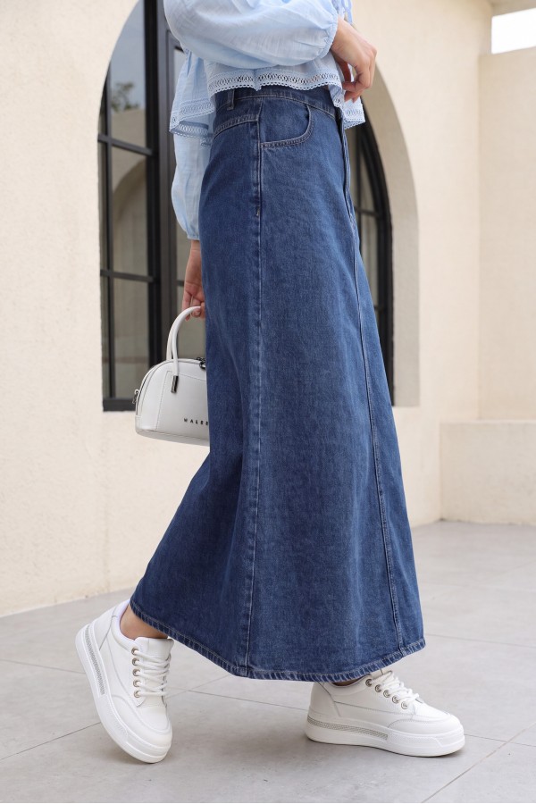 Denim Skirt with Half Elastic Waistband, Pockets and Embroidered Details -Dark blue