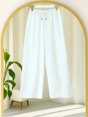 Elastic Waist Lace Detail Wide Leg Sofia Linen Trousers -White