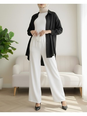 Elastic Waist Lace Detail Wide Leg Sofia Linen Trousers -White