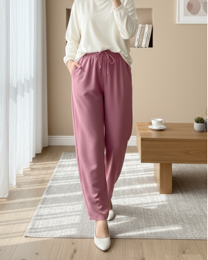 Çift Cepli Beli Lastikli Bağcık Detaylı Pantolon  -Pembe