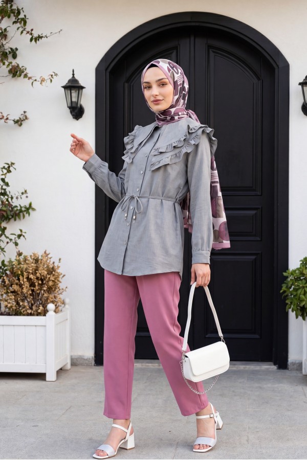 Çift Cepli Beli Lastikli Bağcık Detaylı Pantolon  -Pembe
