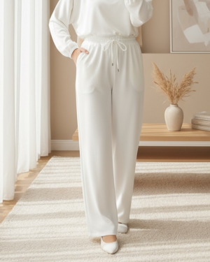Çift Cepli Beli Lastikli Bağcık Detaylı Pantolon   -Beyaz