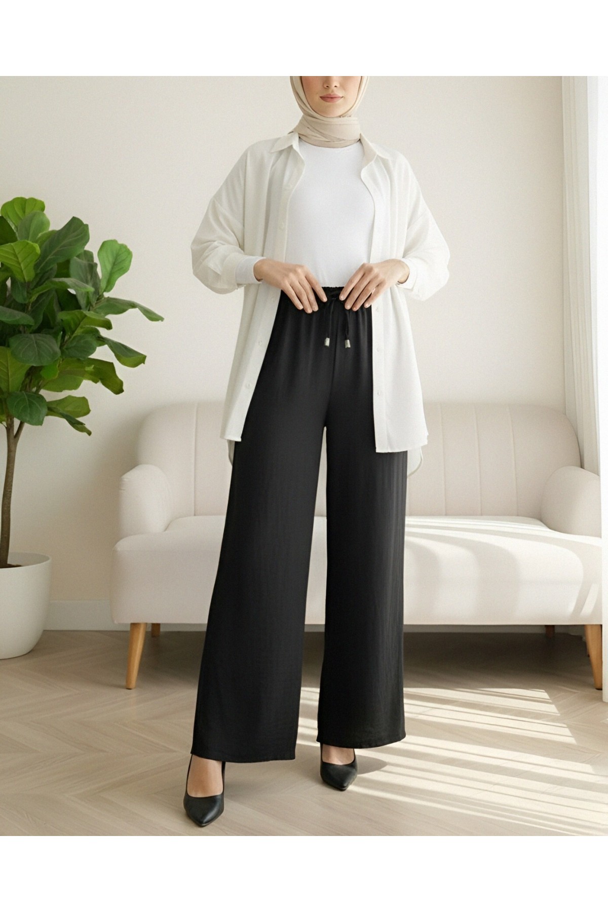 Elastic Waist Lace Detail Wide Leg Sofia Linen Trousers  -Black