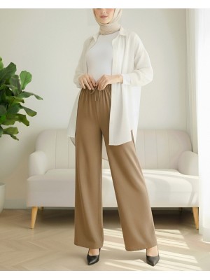 Beli Lastikli Bağcık Detaylı Bol Paça Sofya Keten Pantolon  -Tarçın