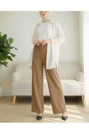 بنطلون صوفيا الكتاني واسع الساق مع تفاصيل دانتيل وخصر مطاطي  -قرفة