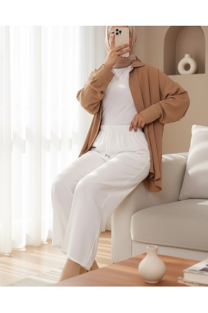 Lace Detail Wide Leg Waist Elastic Trousers -White