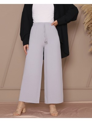 Lace Detail Wide Leg Waist Elastic Trousers -Grey