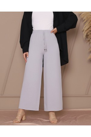Bağcık Detaylı Bol Paça Beli Lastikli Pantolon -Gri