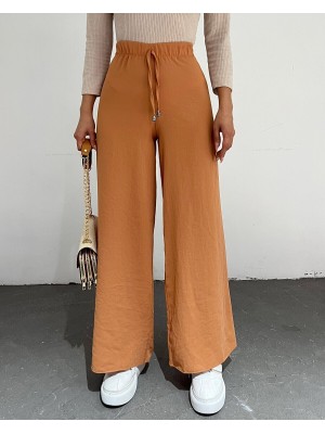 Bağcık Detaylı Bol Paça Beli Lastikli Pantolon  -Kayısı Rengi