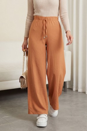 Bağcık Detaylı Bol Paça Beli Lastikli Pantolon  -Kayısı Rengi