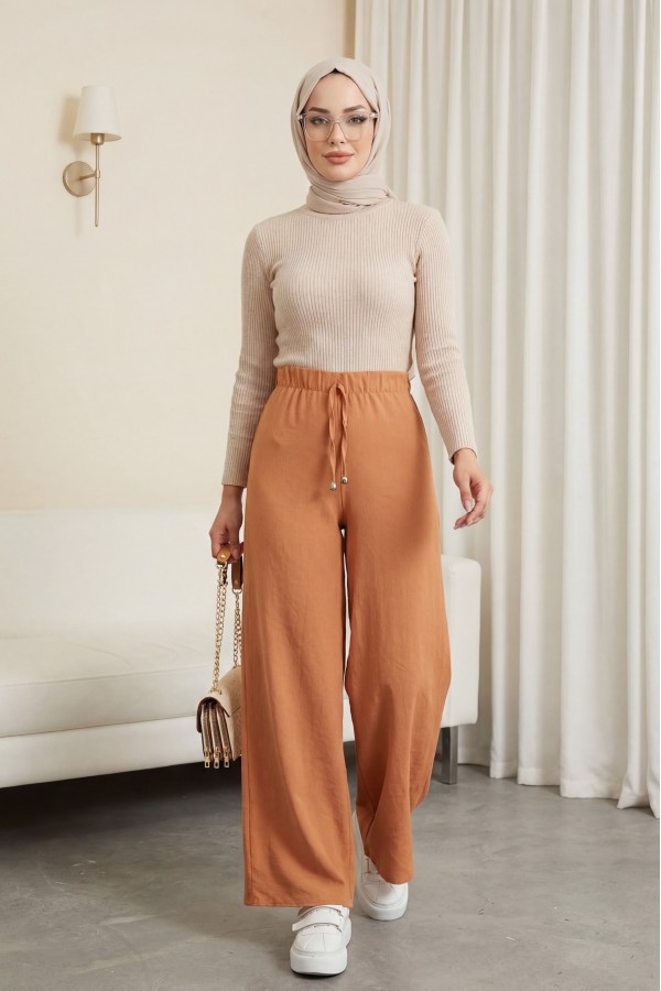 Lace Detail Wide Leg Waist Elastic Trousers  -apricot color