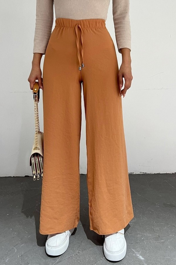 Lace Detail Wide Leg Waist Elastic Trousers  -apricot color