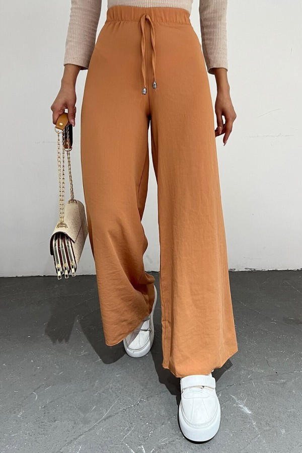 Lace Detail Wide Leg Waist Elastic Trousers  -apricot color