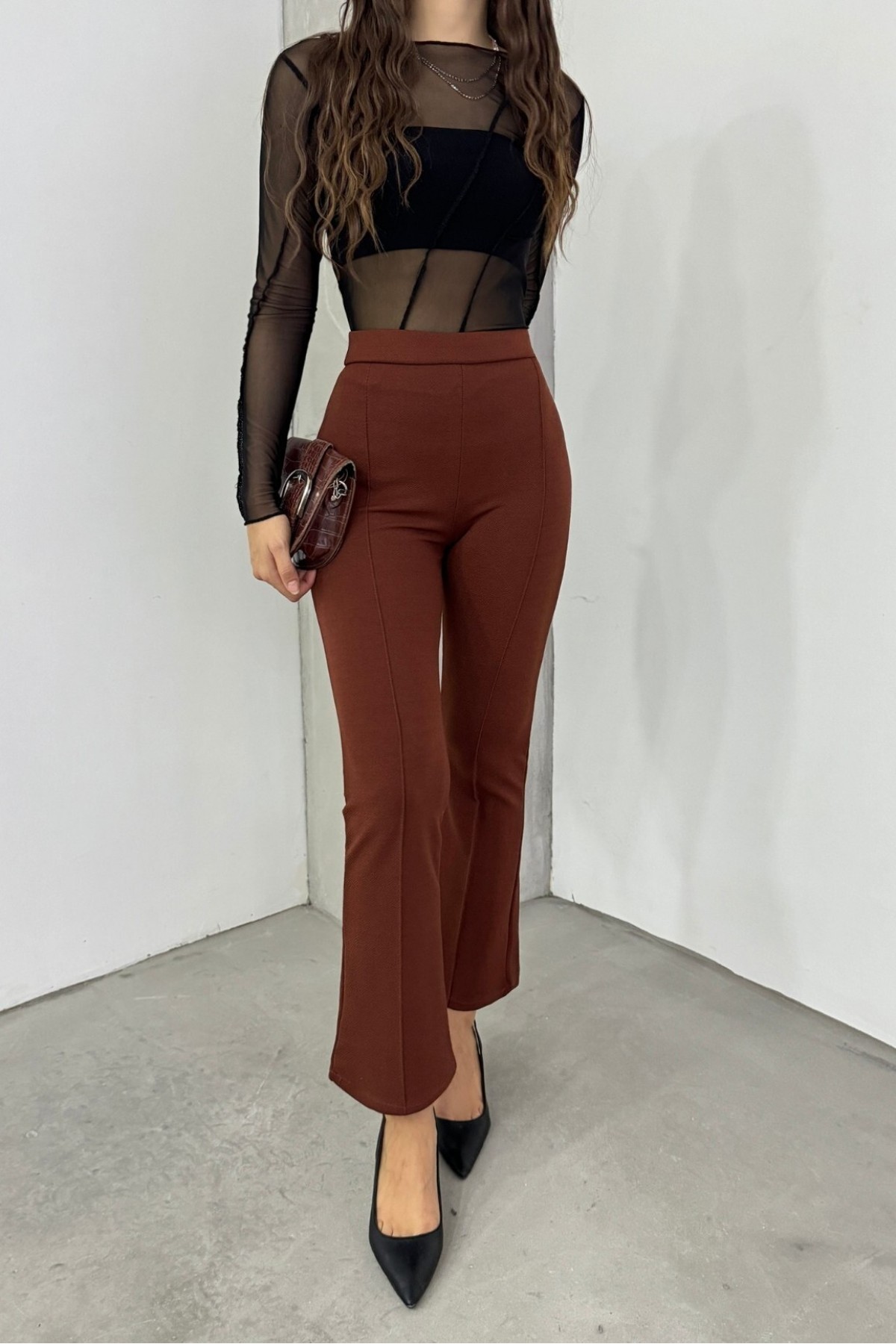 Elastic Waist Lycra Spanish Trousers -Brown