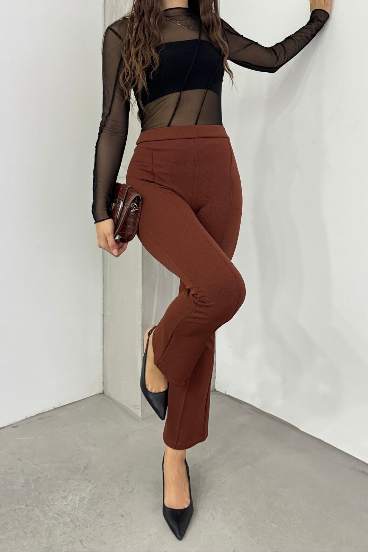 Elastic Waist Lycra Spanish Trousers -Brown