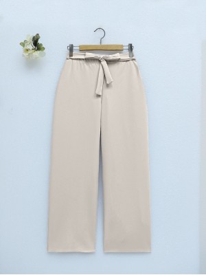 Beli Lastikli Bağlamalı  Bol Paça Pantolon  -Bej
