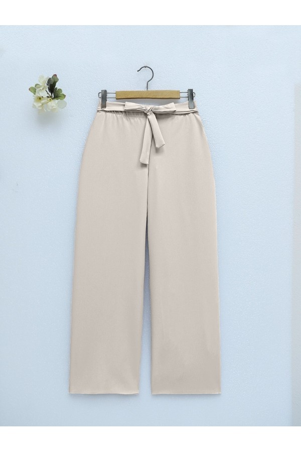 Beli Lastikli Bağlamalı  Bol Paça Pantolon  -Bej