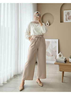 Beli Lastikli Bağlamalı  Bol Paça Pantolon  -Bej