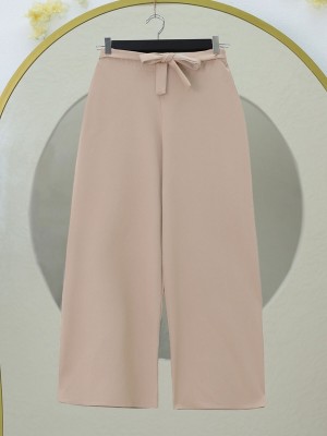 Beli Lastikli Bağlamalı  Bol Paça Pantolon  -Bej