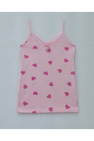 Kalp Desenli Askılı Dantelli Atlet -Pembe