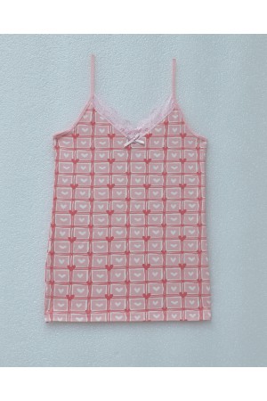 Kalp Desenli Askılı Dantelli Atlet -Pudra