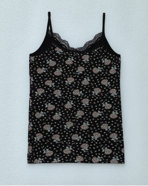 Lace Patterned Undershirt with Rope Straps -Black