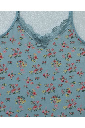 Çiçek Desenli Dantelli İp Askılı Atlet -Açık Mavi