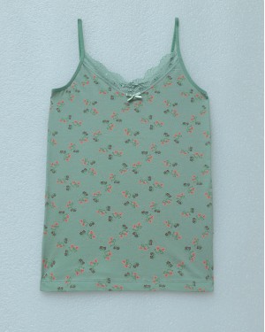 Floral Patterned Lace Strappy Undershirt -Cagla Green