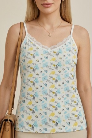 Çiçek Desenli Dantelli İp Askılı Atlet -Ekru