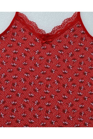 Çiçek Desenli Dantelli İp Askılı Atlet -Kırmızı