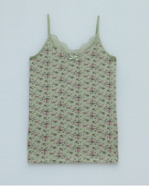 Floral Patterned Lace Strappy Undershirt -Sea green