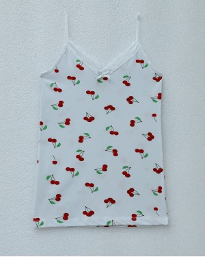Cherry Patterned Lace Undershirt with Rope Straps -White